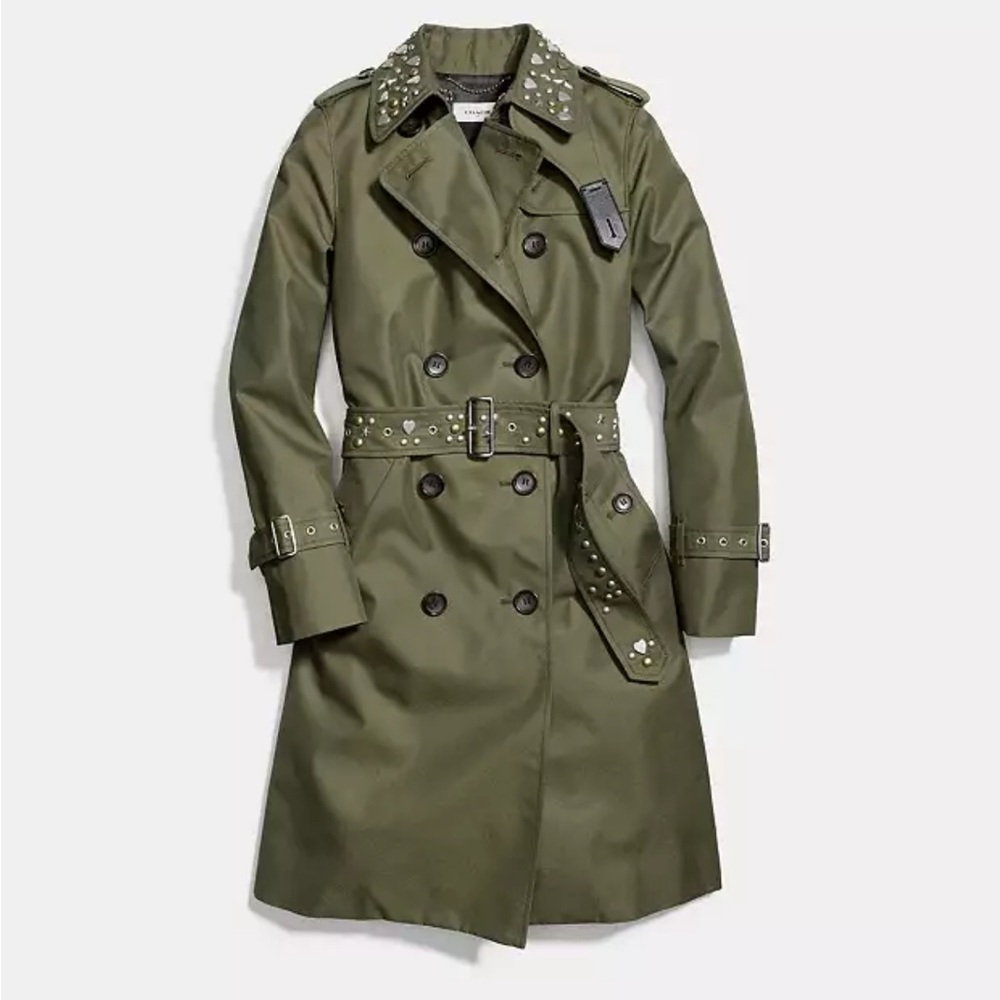 Coach Olive Green Studded Double-Breasted Trench Coat